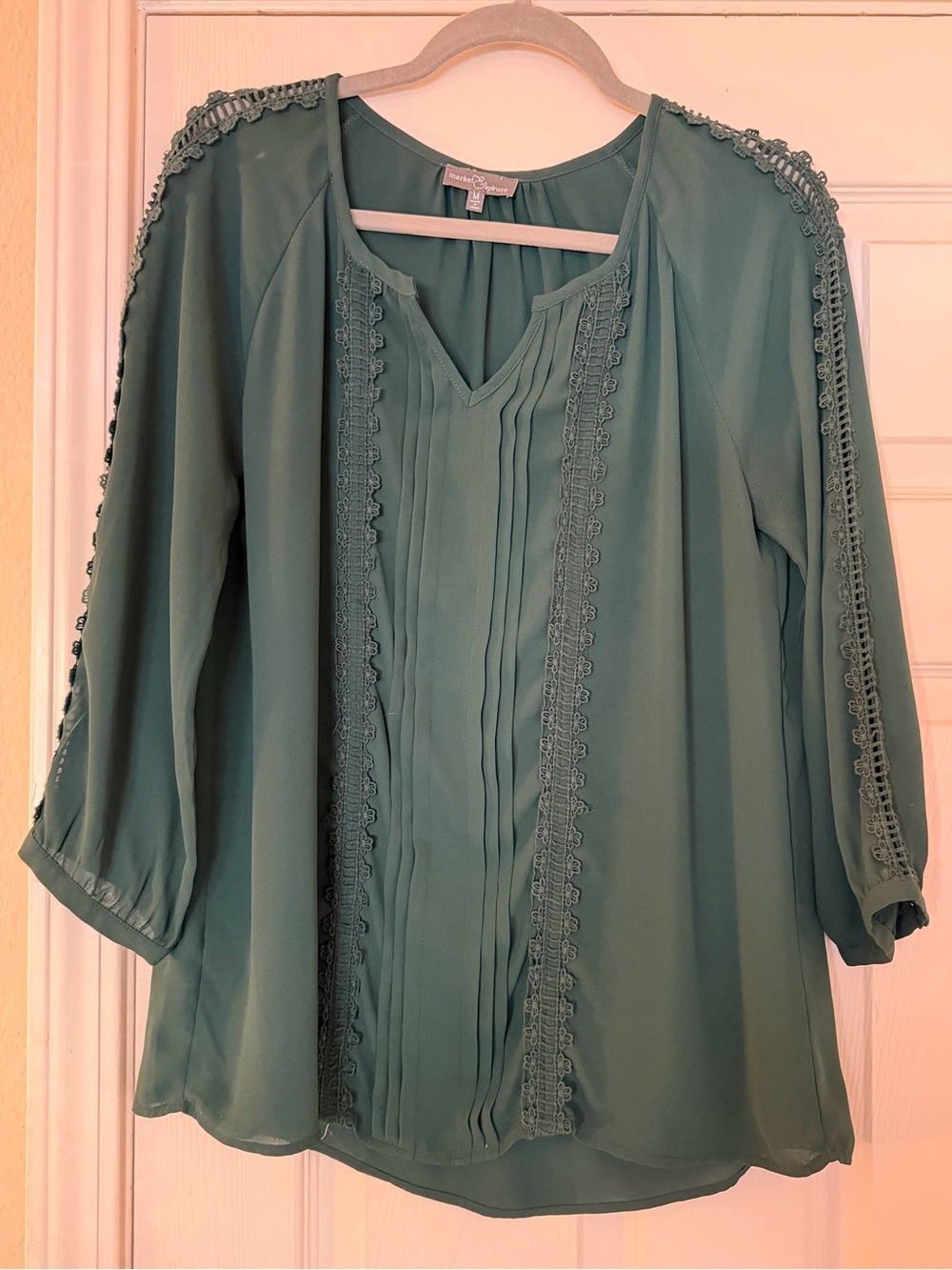 Market & Spruce forest green Crochet-Trim Pintuck Tunic